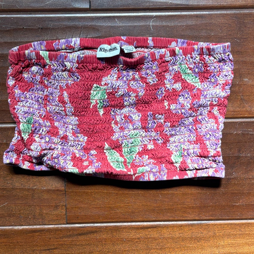 Rhythm Red Floral Smocked Tube Top with Green Accents
